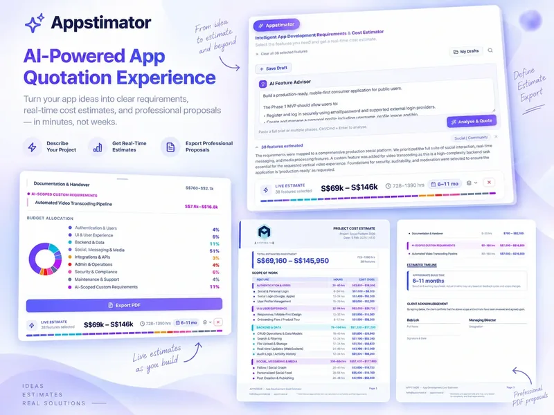 Appstimator AI-powered app quotation experience with live estimates and professional PDF proposals