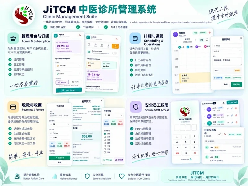 JiTCM bilingual clinic management suite for administration, scheduling, payments, and secure staff access