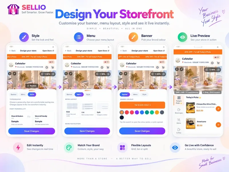 Sellio storefront designer with live style, menu, banner, and customer preview tools